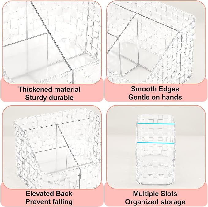 DASITON Makeup Brush Holder Organizer, 3 Slots Acrylic Makeup Brushes Storage Cup, Woven Texture Make Up Brush Holder for Vanity Bathroom Office, Pen Holder for Desk, Cosmetic Display Cases (Clear M)