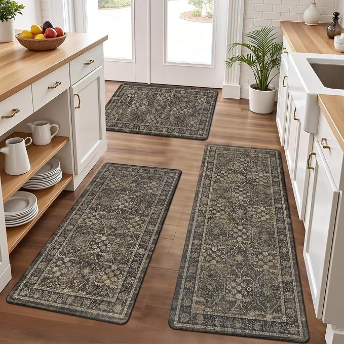 Pauwer Anti Fatigue Kitchen Floor Mats Set of 3, Cushioned Rugs, Taupe | Non Slip Comfort Standing Mat, PVC Foam Padded Kitchen Rugs, Waterproof Sink Rug for Small Kitchen Area, Laundry Room