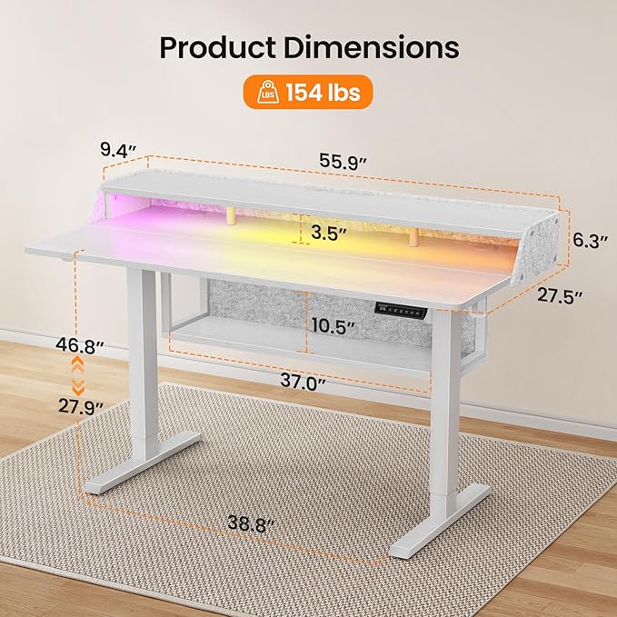 ErGear Electric Standing Desk, 55x28 Inch Adjustable Sit Stand Desk with Bookshelf & Monitor Stand, Standing Gaming Desk with LED Light Strip, Stand Up Desk for Home Office, White | Raised Monitor Stand, 27.9–46.9 Inch Height Range, 4 Memory Presets, 1...