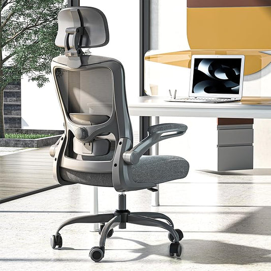 Ergonomic Office Chair, High Back Mesh Desk Chair with Adjustable Lumbar Support & Headrest, Flip-up Armrest, Computer Task Chairs for Home and Executive Office (G-Grey)