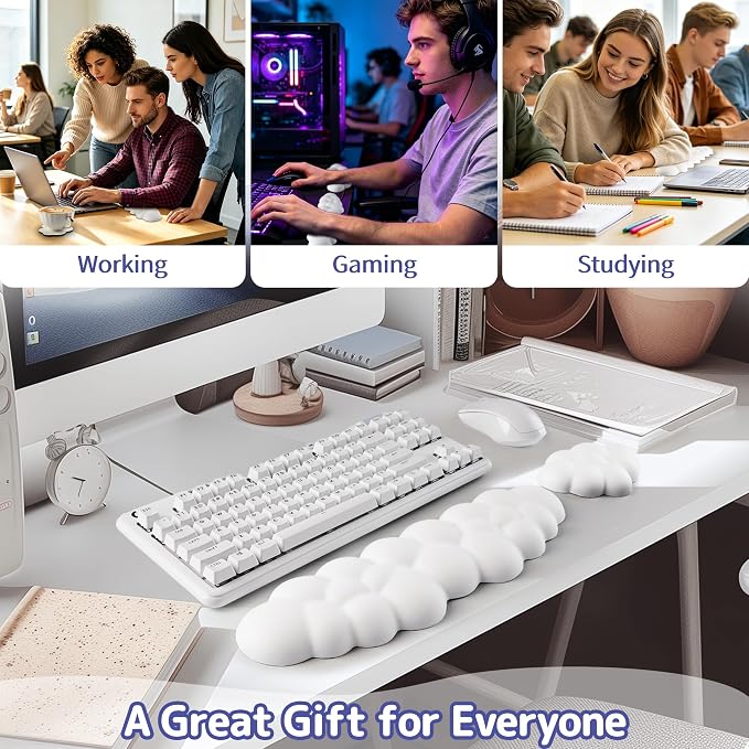 Sushret Cloud Wrist Rest Keyboard, Cloud Keyboard Wrist Pad Set with PU Leather Memory Foam, Cute Arm Rest for Palm Support, PC/Gaming Desk Accessories/Office Setup/Computer Hand Cushion - White