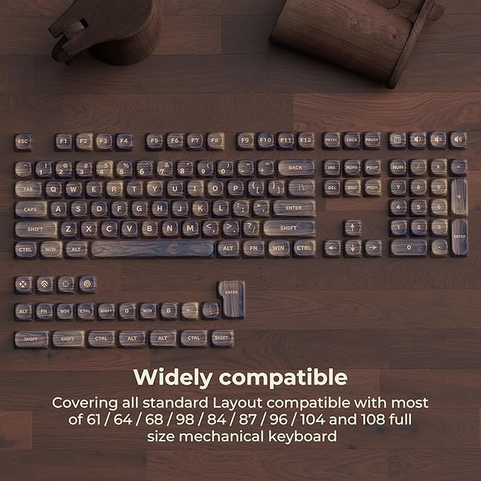 OHY MOA Profile Wood Grain Keycaps,XVX PBT Keycaps 130pcs Retro Keycap Set for Mechanical Keyboard 61/64/75/84/87/104/108 Layout with Key Puller, Walnut Textures
