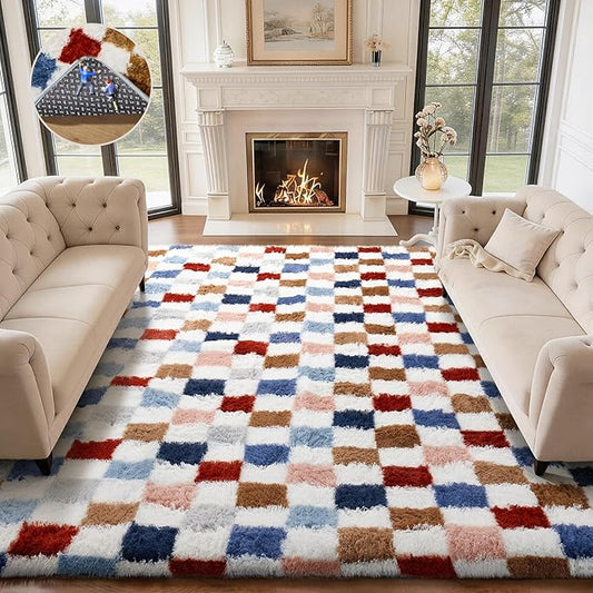 Ophanie Checkered Rainbow Rug for Living Room Bedroom,Colorful Fluffy Soft Cute Fuzzy Area Rugs,Shag Plush Shaggy Bedside Floor 8x10 Furry Carpet for Kids Teen Dorm Decor with Over 99 pcs Pile fibers