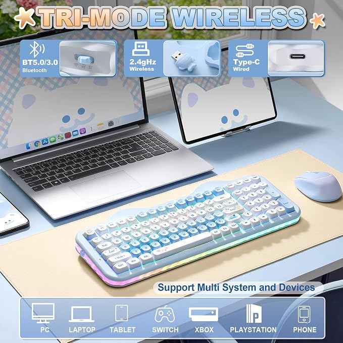 YUNZII C98 Wireless Mechanical Keyboard with Number Pad,98 Key BT5.0/2.4G/USB-C Hot Swap Gasket Mount with PBT MOA Keycaps,Custom RGB,Cute Cake Keyboard for Win/Mac (Blue, Candy Linear Switch)