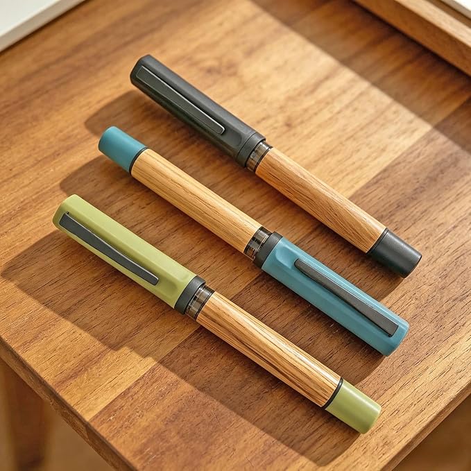 Jinhao 58 Natural Oak Wood Fountain Pen Set, 3-Pack (Blue/Green/Ebony) | Value 3-pack curated wood pens with protective felt pouch & ink converters. Perfect elegant gift for office & journaling.