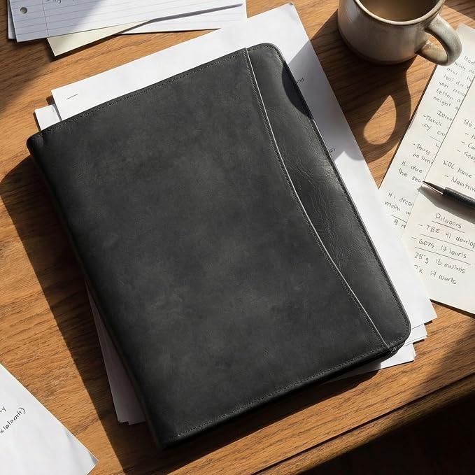 LEATHER VILLAGE Leather Portfolio Organizer - Professional Business Padfolio for Men & Women - Stylish Document Card Holder, Folio for A4/Letter Size Writing Legal Pad, Black