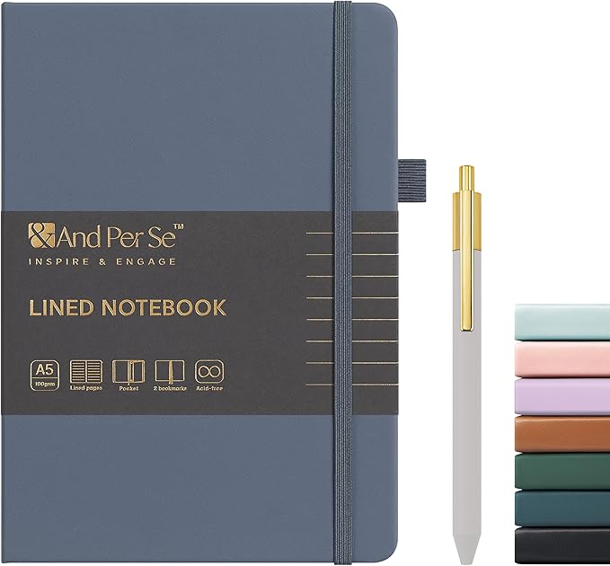 &And Per Se Lined Journal and Pen Set, A5 Leather Hardcover Notebook with Pen & Stationary Set, 160 Pages 100GSM Thick Ruled Paper Journal for Business Work Writing (Dark Blue)