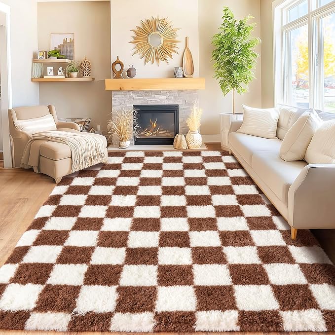 Area Rugs for Living Room 9x12, Ultra Fluffy Shag Checkered Rug Modern Washable Carpet Soft Shaggy Non Slip Indoor Plush Fuzzy Rugs for Bedroom Dorm Office Home Aesthetic Decor, Cream and Coffee