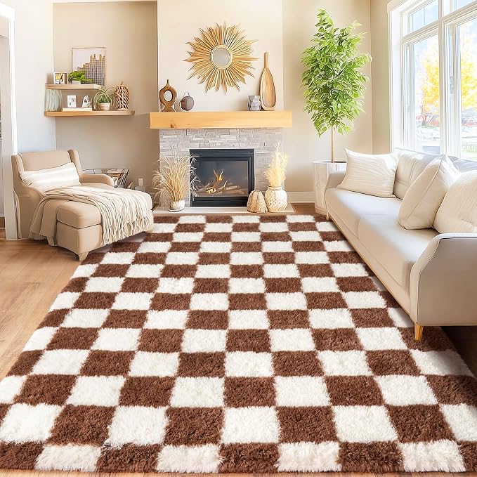Area Rugs for Living Room 9x12, Ultra Fluffy Shag Checkered Rug Modern Washable Carpet Soft Shaggy Non Slip Indoor Plush Fuzzy Rugs for Bedroom Dorm Office Home Aesthetic Decor, Cream and Coffee