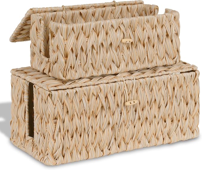 efluky 2 Pack Plastic Floor Cord Covers with Lid, Hand-Woven Cable Management Box, 2 Open Slots Cord Box to to Hide USB Wire, Power Strip & Charger for Home & Office and Dorm, Milky White