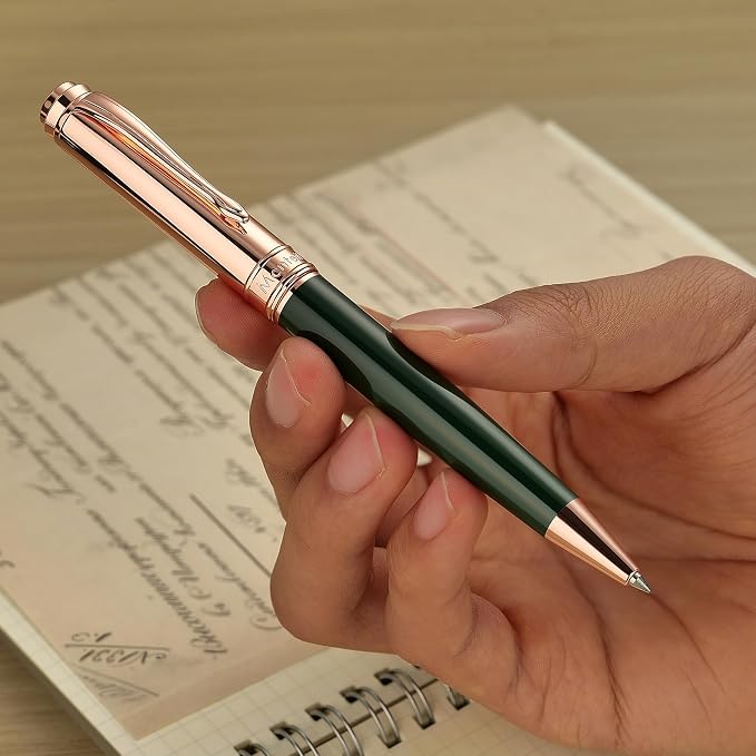 MCNTEIK Luxury Gel Pen, Top Set With 8mm Brilliant Diamond,Dark Green Pen Body,Attractive Rose Real Gold Finish, Black Refill,Elegant Gift Pen For Women, Executive, Fancy, Graduation, Nice Pens