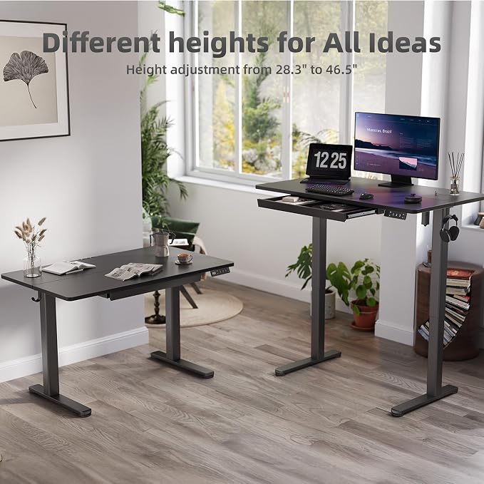 YDN Standing Desk 55 x 24 Inch Electric Height Adjustable with Drawer Black | Industrial steel frame supports 176Lbs, 28.3-46.5 inch height range, 3 memory presets, quiet 45dB motor, wire management