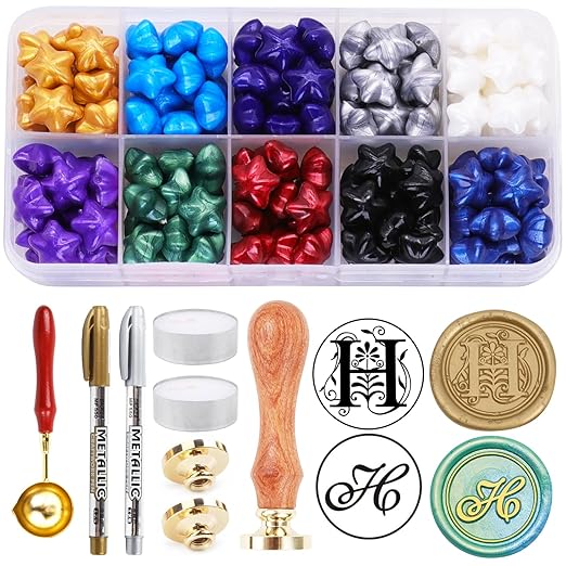 Letter Wax Seal Stamp Kits, 200pcs Assorted Sealing Beads and 2pcs Initial Alphabet H Wax Seal Kits for Wedding Invitations Gift Wraps Envelopes and Christmas Cards (Alphabet H Kit)