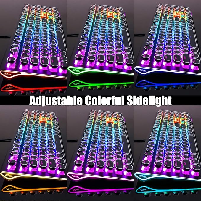 RK ROYAL KLUDGE S108 Typewriter Style Mechanical Gaming Keyboard with RGB Backlit, Wired PC Game Keyboard Full Size with Detachable Wrist Rest and Number Pad, Retro Round Keycaps, Red Switches Black