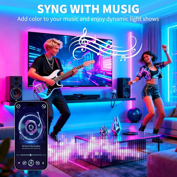 LED Strip Lights,RGB Music Sync Color Changing Led Lights with Smart App Control Remote & Remote Control for Room, Part Essential,Sense of Atmosphere Decoration(50FT-2 Rolls of 25ft)