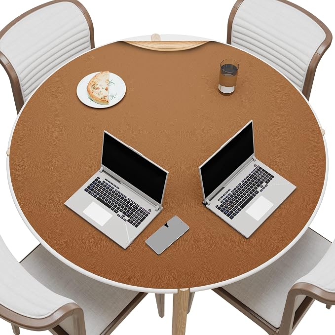 MAIDERN 42 Inch Round Cork & Leather Table Pad Protector, Cuttable Size (36-42 Inch), Trimmable Dining Table Mat, Heat Resistant/Non-Slip Table Cover for Kitchen, Office, or Restauran (Brown)