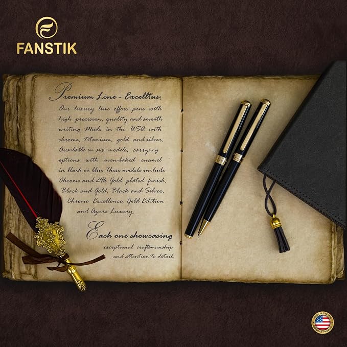 FANSTIK Black & Gold Luxury ballpoint Pen, fancy gift set for women, Real 24K Gold Plating, Professional executive pen gift set for men (Lux BallPoint Black-Gold)