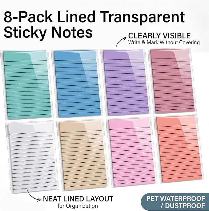 Yinder 8 Pack Colored Transparent Sticky Notes Translucent Clear Lined Self Sticky Notes, Back to School Gift Bible Tab for Planners, School Supplies Office, 30 Sheets/Pack, 4 x 6'' (Aesthetic Color)