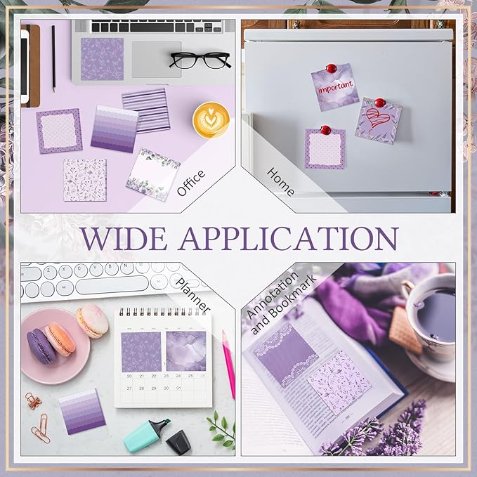 9 Pcs Aesthetic Sticky Notes Cute Pastel Self Stick Notepads Easy to Post Desk Supplies for Home Office Decor School Accessories Women Birthday Coworker Gifts(Purple)