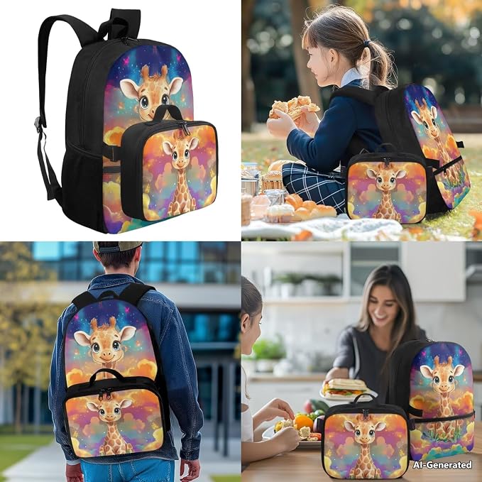 Doojoayie Trendy Girls School Bag 17 inch Deer Backpack 1st Grade Backpack for Girls with Lunch Box Cute Bookbag for Boys Heavy Duty Kids Back Pack Best Presents for Primary Student