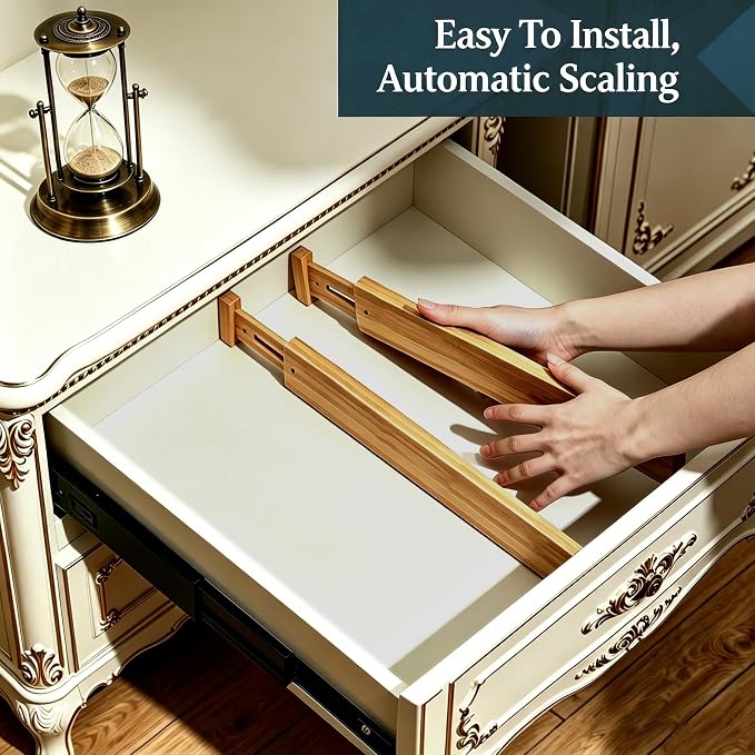 4 Pack Bamboo Drawer Divider, 17-22" Adjustable Organizers | Expandable bamboo separators, firm spring design, great for kitchen, dresser, closet, bathroom and bedroom organization