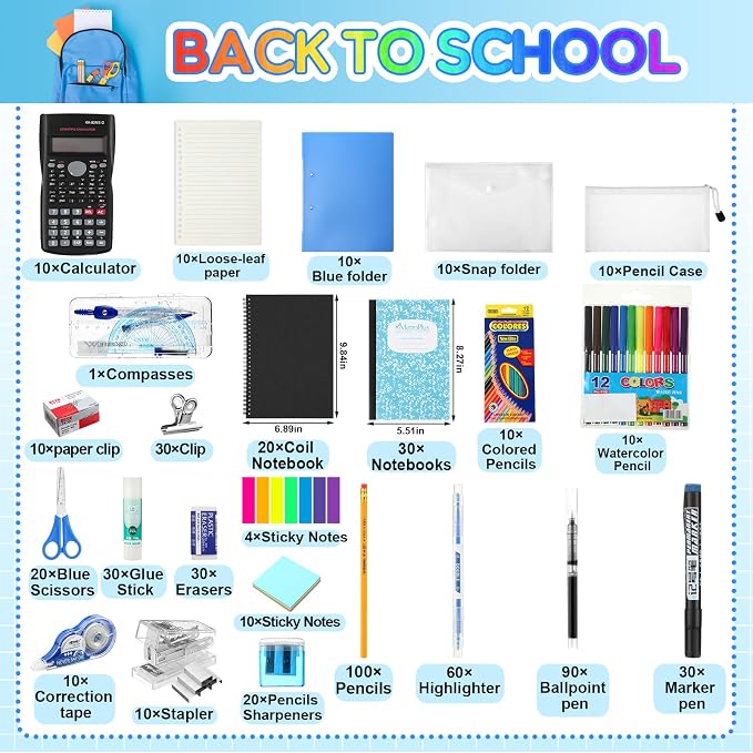 Gilprop 10 Sets High School Supplies Kit Back to School Supplies College Bundle Essential Stuff Bulk Stapler Notebook Calculator Backpack Bag Set for Senior Student Teen Classroom