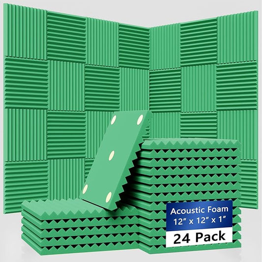 24 Pack Sound Proof Foam Panels | 1"×12"×12" Quick-Recovery Soundproof Wall Panels | High Density Sound Dampening Panels for Home Studio | With Adhesive Stickers 120PCS (Green)