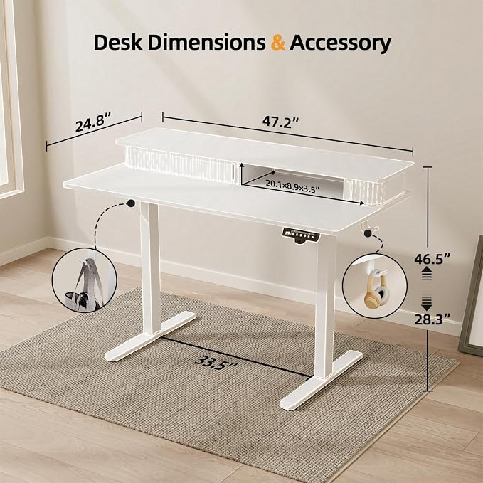 JOY worker 48" Electric Adjustable Standing Desk with Storage Monitor Stand | White Computer Desk Height Adjustable with Storage Shelves, Spacious Woskstation, Sit Stand Desk with 2 Hooks, Home Office