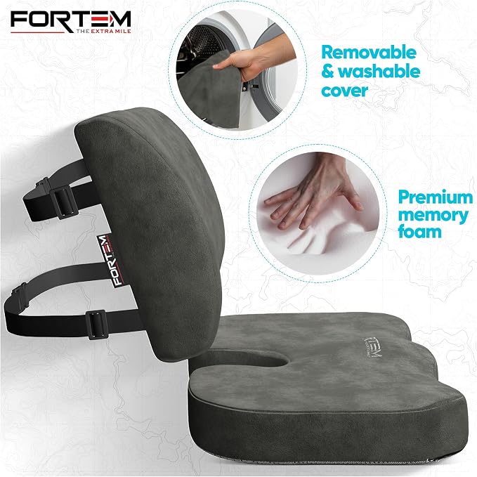FORTEM Seat Cushion, Office Chair Cushion, Lumbar Support Pillow for Office Chair, Memory Foam Car Seat Cushions, Sciatica Coccyx Tailbone Pain Relief, Cushions for Back Support, Washable, Non Slip XL