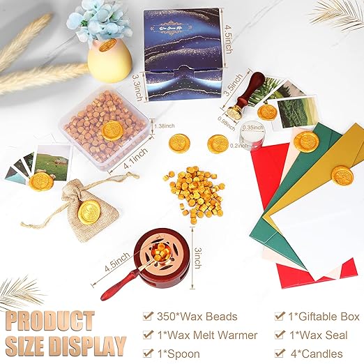 Wax Seal Stamp Kit - 357Pc Set with Wax Beads, Seal Stamp, Warmer, Spoon, Candles for Vintage Envelopes & Letters - Gold