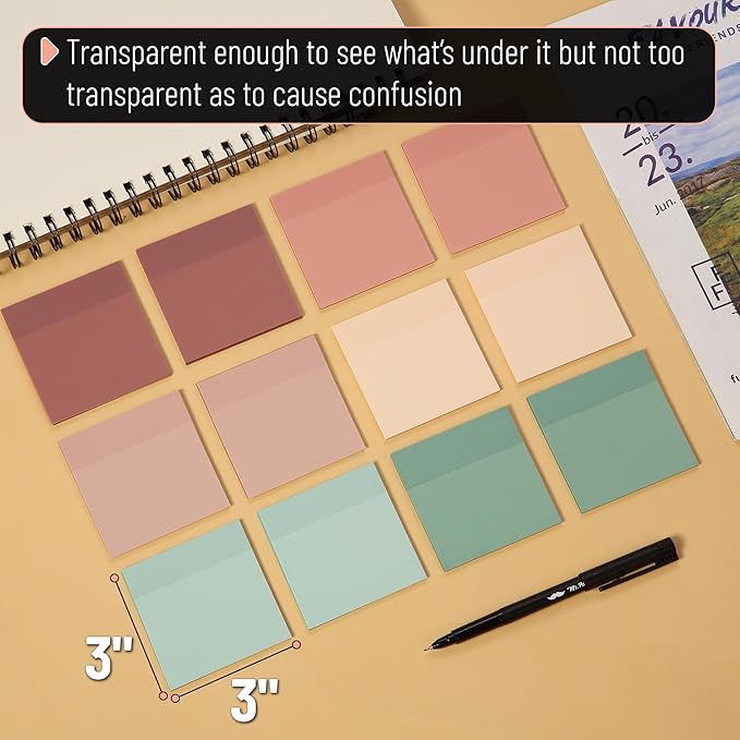 Mr. Pen- Transparent Sticky Notes, 3”x3”, 12 Pads, 600 Sheets, Boho Colors, Bible Journaling Sticky Notes, See Through Sticky Notes, Translucent Sticky Notes, Stocky Notes for Bible Journaling