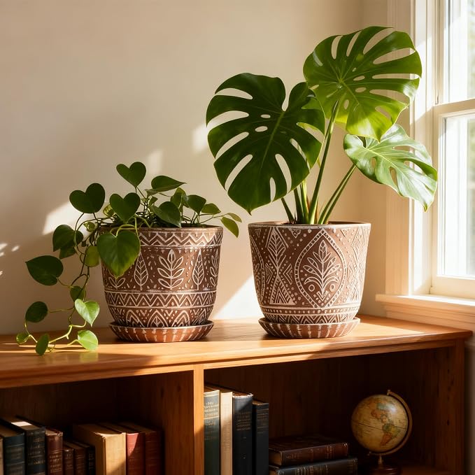 Gepege 6 Inch Ceramic Planter, Plant Pot with Drainage Holes and Saucers for Indoor Plants, Birthday for Women Mom