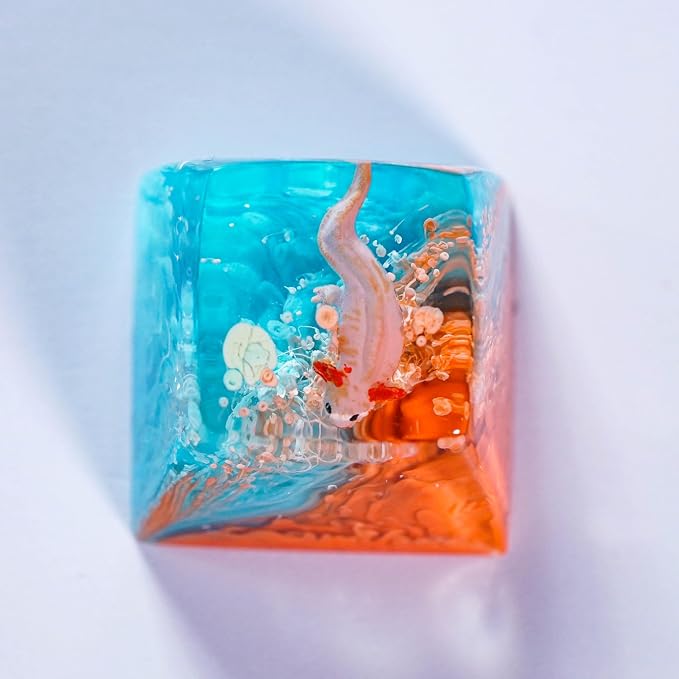 Pink Axolotl Artisan Keycap Orange Blue Ocean - 1U ESC, R1 SA Profile Custom Handmade Resin Cherry MX Switch Key Cap Mechanical Keyboard, Cool Tech Gifts for Men, Dad, Father, Gamer, Axolotl Lover