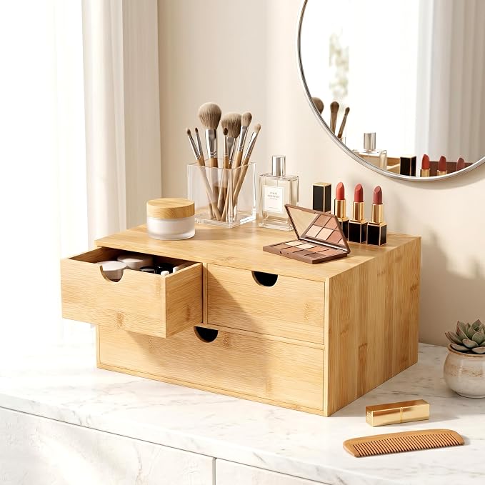 Desk Organizer with Drawers - Bamboo Desktop Organizer Storage | White-Natural Wood Desk Drawers Organizer for Bills, Office Supplies, Cosmetics, Seals No Assembly Required