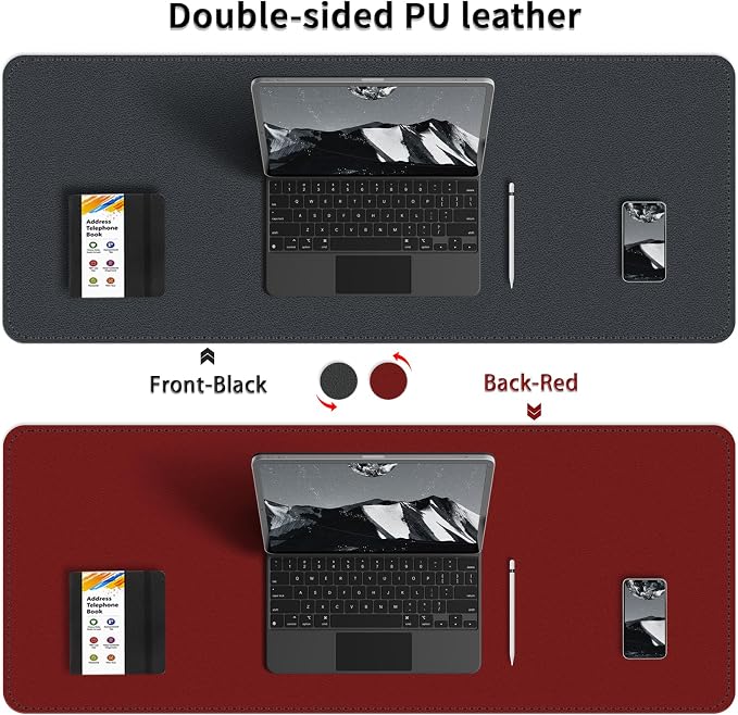 Double-Sided Office Desk Mat, Large Mouse Pad, Waterproof PU Leather Protective Pad, Laptop Desk Pad, Dual Use Cover Protector for Office/Home Keyboard (Red+Black, 31.5''×15.8'')