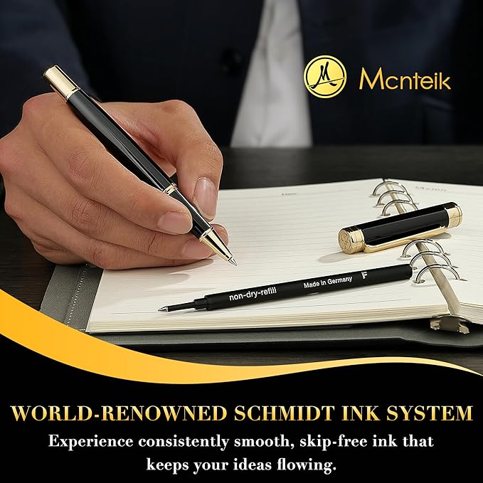 Black Lacquer Rollerball Pen - Stunning Luxury Pen, 24K Gold Plating, Schmidt Refill, Precision Flow Ink, Best Roller Ball Gift Set for Men & Women, Professional, Executive Fancy, Nice Pens