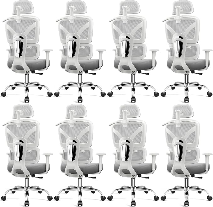 Ergonomic Desk Chair, Breathable Mesh Office Chair for Long Hours, 8 Pack | Adjustable Lumbar Support for Back Pain Relief, 4.33'' Thick Foam Cushion, 3D Headrest, Computer Chair for Home Office, Gray