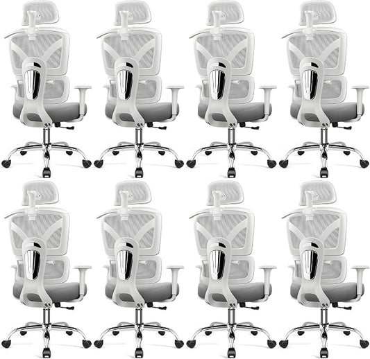 Ergonomic Desk Chair, Breathable Mesh Office Chair for Long Hours, 8 Pack | Adjustable Lumbar Support for Back Pain Relief, 4.33'' Thick Foam Cushion, 3D Headrest, Computer Chair for Home Office, Gray