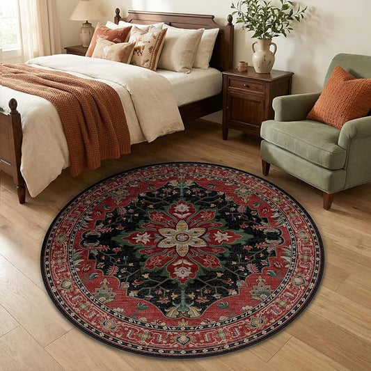 RELEANY Area Rugs Round 4ft Washable Non-Slip, Floral Vintage Distress Medallion Carpet for Living Room Bedroom Dining Room, Red Black