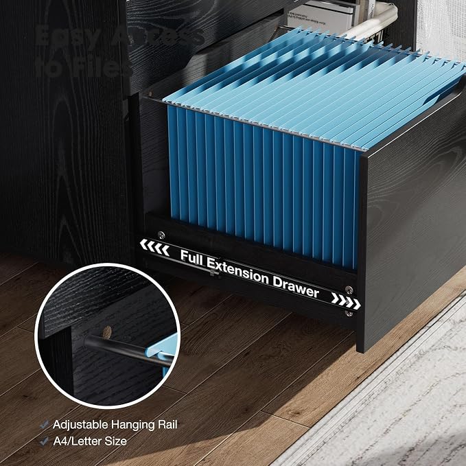 DUMOS Wood File Cabinet with 3 Drawers, Rolling Printer Stand | Under Desk Storage Organizer Home Office Space with Shelves for Files and Office Supplies, Rust