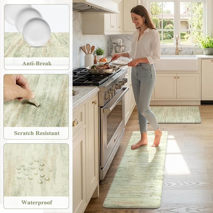 KIMODE Kitchen Mats for Floor, Light Green Aabstract Kitchen Rugs Sets of 2 | Anti Fatigue Mats for Kitchen Floor, Cushioned Kitchen Floor Mats,Comfort Bathroom Rugs for Sink Laundry Room 17"x47"+17"x29"