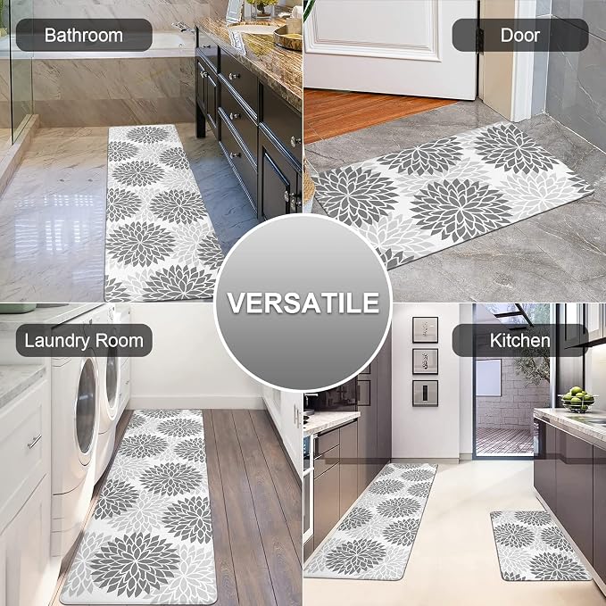 HEBE Anti Fatigue Kitchen Rugs Set of 2, Cushioned Kitchen Mats for Floor | Non Slip Washable Kitchen Runner Rug Set, Floral Stain Resistant Waterproof Comfort Mat Carpet for Sink, Standing Desk