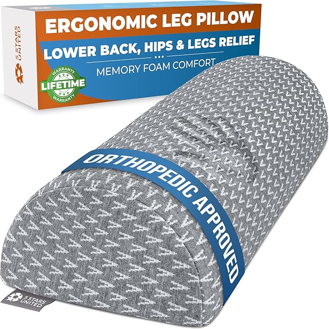 5 STARS UNITED Knee Pillow for Back Sleeping – Half Moon Bolster Pillow for Legs, Under Knee Pillow for Sleeping on Back, Memory Foam Leg Pillow for Back Pain, Gray
