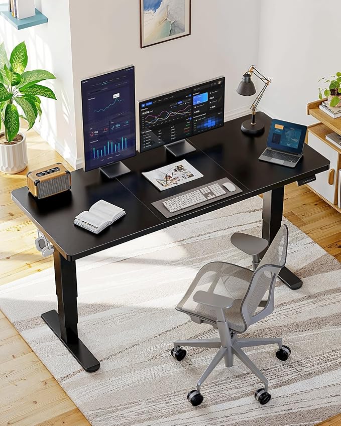HUANUO 59x30 Inch 3-Stage Legs Electric Standing Desk, Large Height Adjustable Office Desk with Brushless Motor, Stand Up Desk with 4 Memory Presets & 2 Hooks, Computer Desk for Home Office, Black