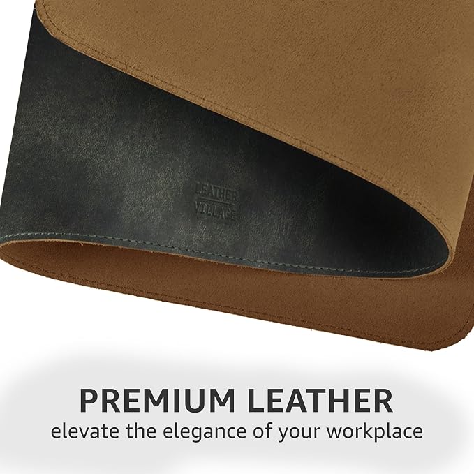 LEATHER VILLAGE Real Leather Desk Pad 3mm Thick Double Layer Desk Mat Olive | 32''x16'', Cover Blotter Large Full Grain Protector for Keyboard, Mouse & Laptop, Office Table Mat & Desktop Accessories