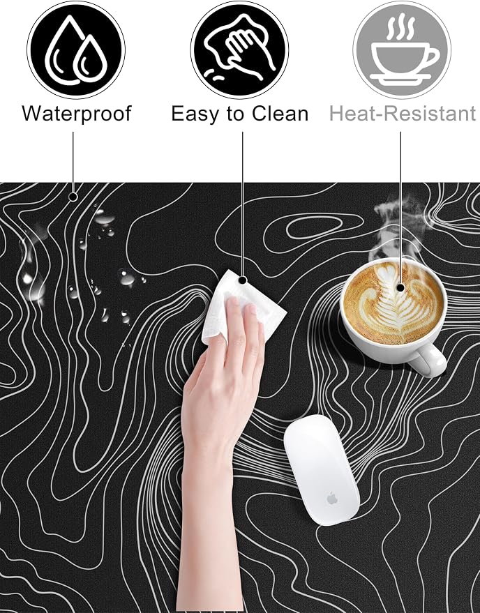 TopMade Mouse Pad with 15W Fast Wireless Charging, 31.5"x15.75" XXL Large Gaming Waterproof Desk Pad, Computer Desk Mat, Black Topographic Map #2 (Includes 20W PD Power Adapter & 6.56ft Woven Cable)
