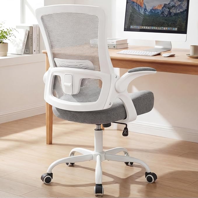 NEO Chair Office Chair High Back Desk Mesh Chair Comfy Computer Gaming Seat with Adjustable Ergonomic Lumbar Rolling Flip-up Armrests and Wheels (Grey)