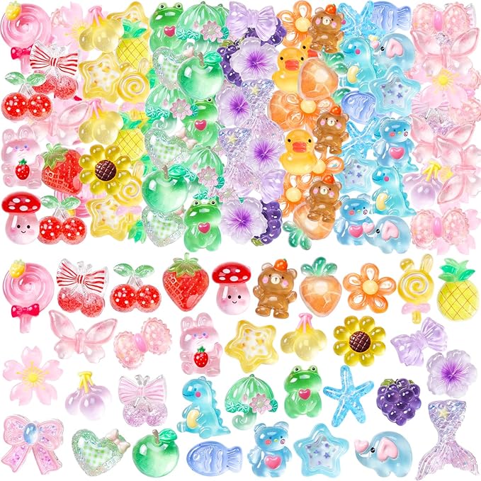 Giegxin 40 Pcs Colorful Slime Resin Charm Bear Peacock Flower Fruit Lollipop Flatback Cabochon Accessories Cute Embellishments Bulk for Jewelry Cellphone Case Scrapbooking Headband DIY Craft Making