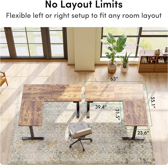 FEZIBO 63" x 55" L-Shaped Standing Desk - Adjustable Corner Desk L Shape, L-Shaped Adjustable Desk with Splice Board, L Shape Standing Desk, Rustic-Brown
