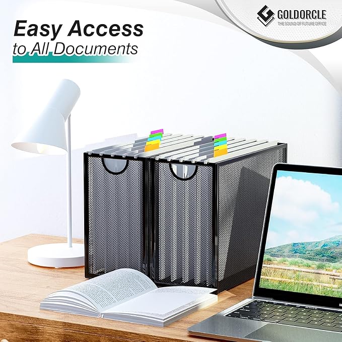 Hanging File Organizer, Letter-Size File Holder Filing Box with 5 Hanging Folders, Metal Mesh Desk File Folder Storage(No Assembly Required) (Gold)